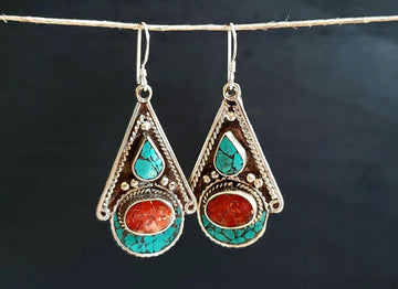 Turquoise and Coral Tibetan Earrings