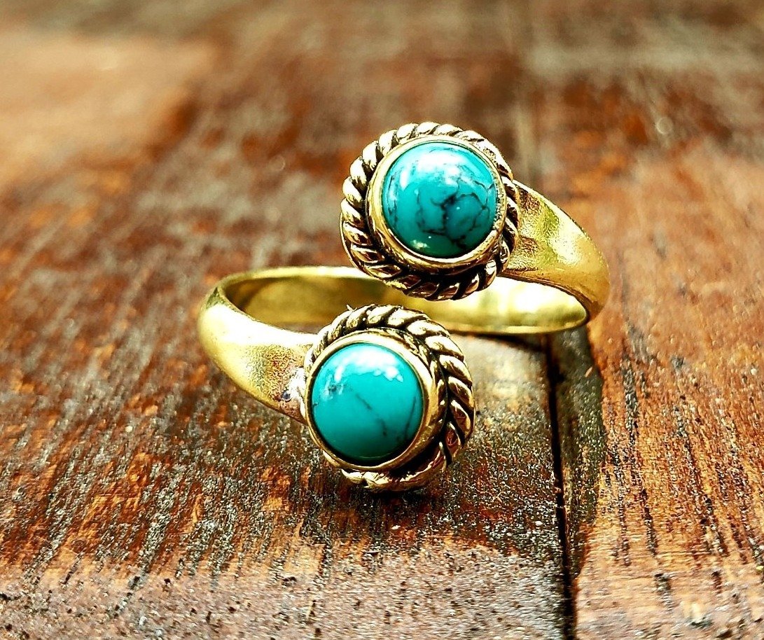 Adjustable Brass Turquoise Ring