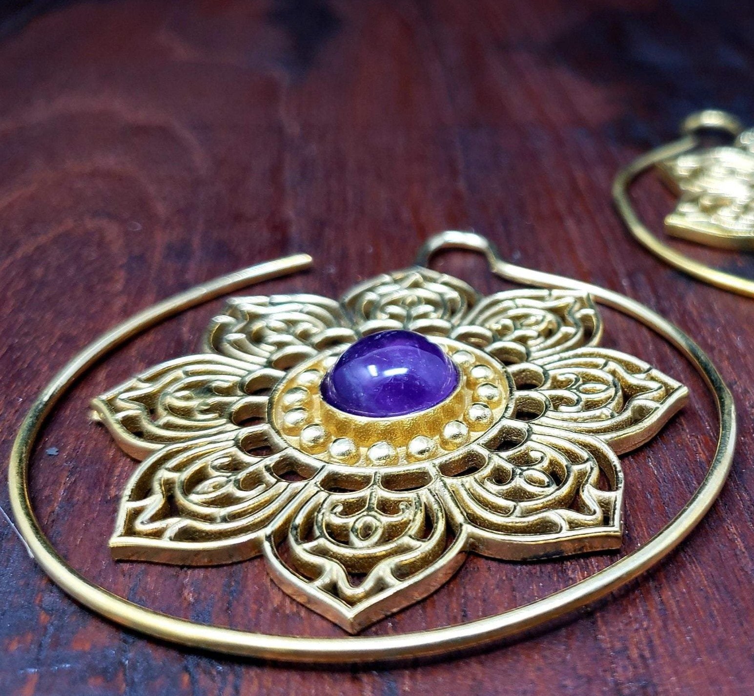 Gold Amethyst Lotus Gauge Earrings