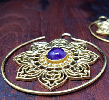 Gold Amethyst Lotus Gauge Earrings