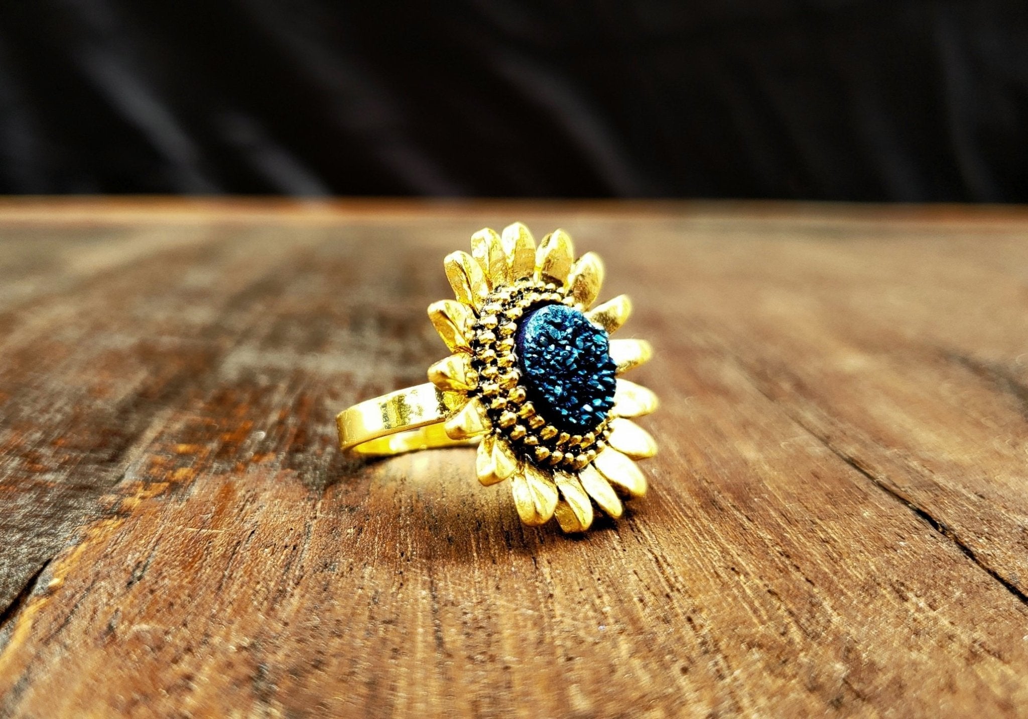 Gold Blue Druzy Crystal Adjustable Flower Ring