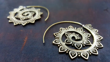 Boho Mandala Gold Earrings, Tribal Ethnic Bohemian Earrings, Jewelry gift for women, Charm Spiral Hoop Lotus Festival Earring for her