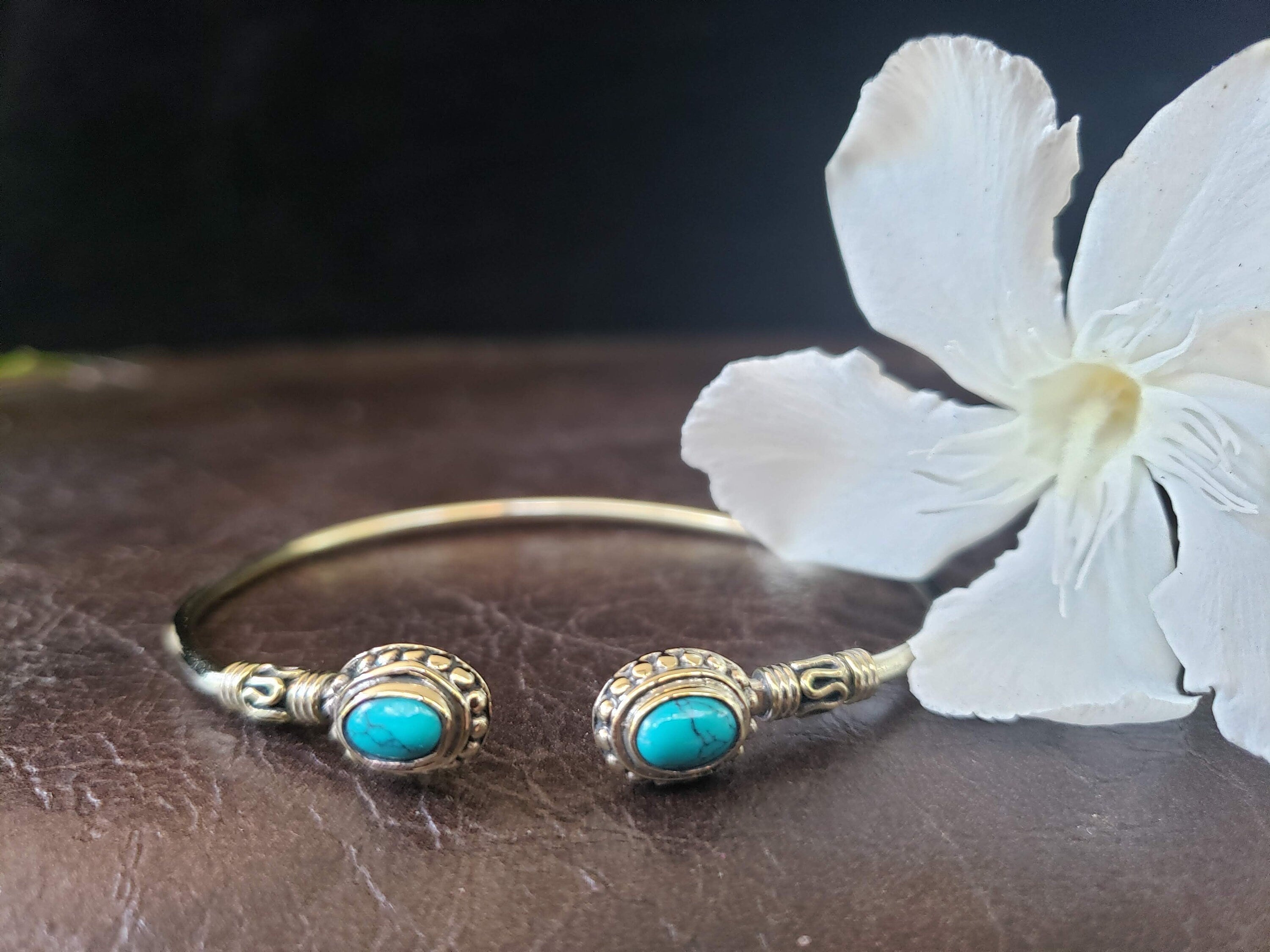 Simple Gold Turquoise Bangle Bracelet - Tribal Gypsy Festival Boho Jewelry