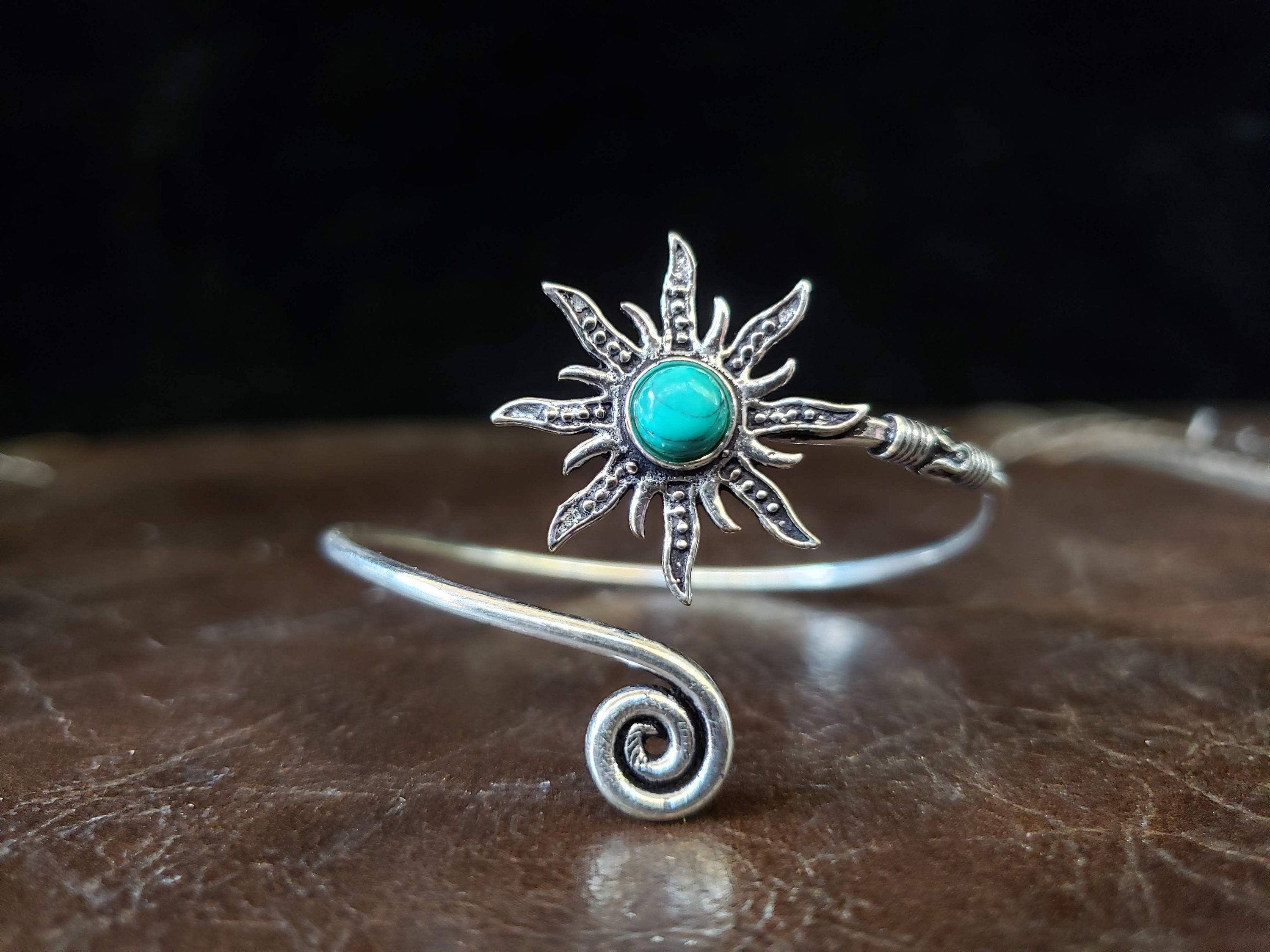 Silver Turquoise Sunburst Adjustable Bracelet Tribal Gypsy Festival Boho Bohemian Jewelry