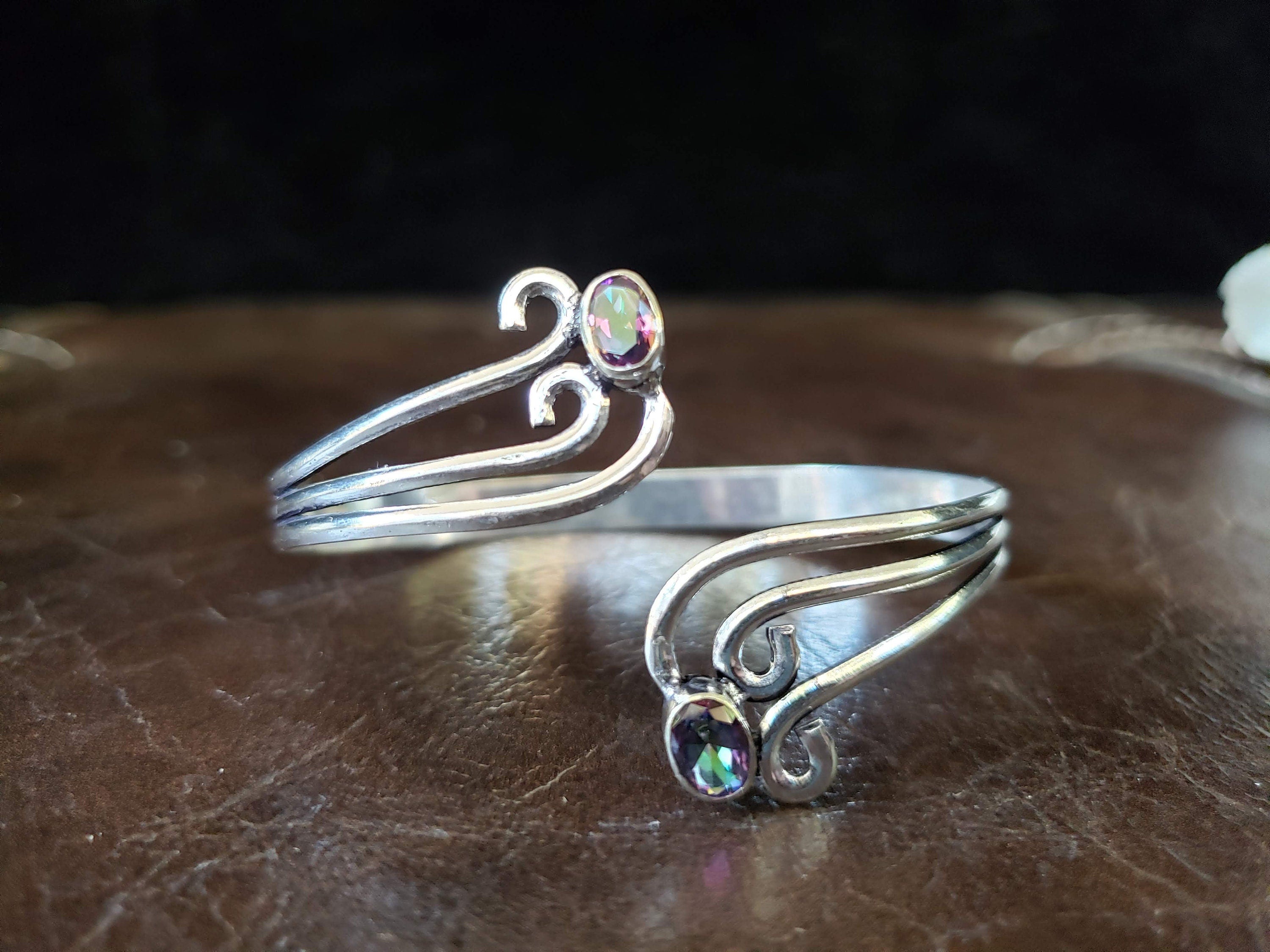 Mystic Topaz Silver Fairy Bangle Swirl Tribal Gemstone Jewelry