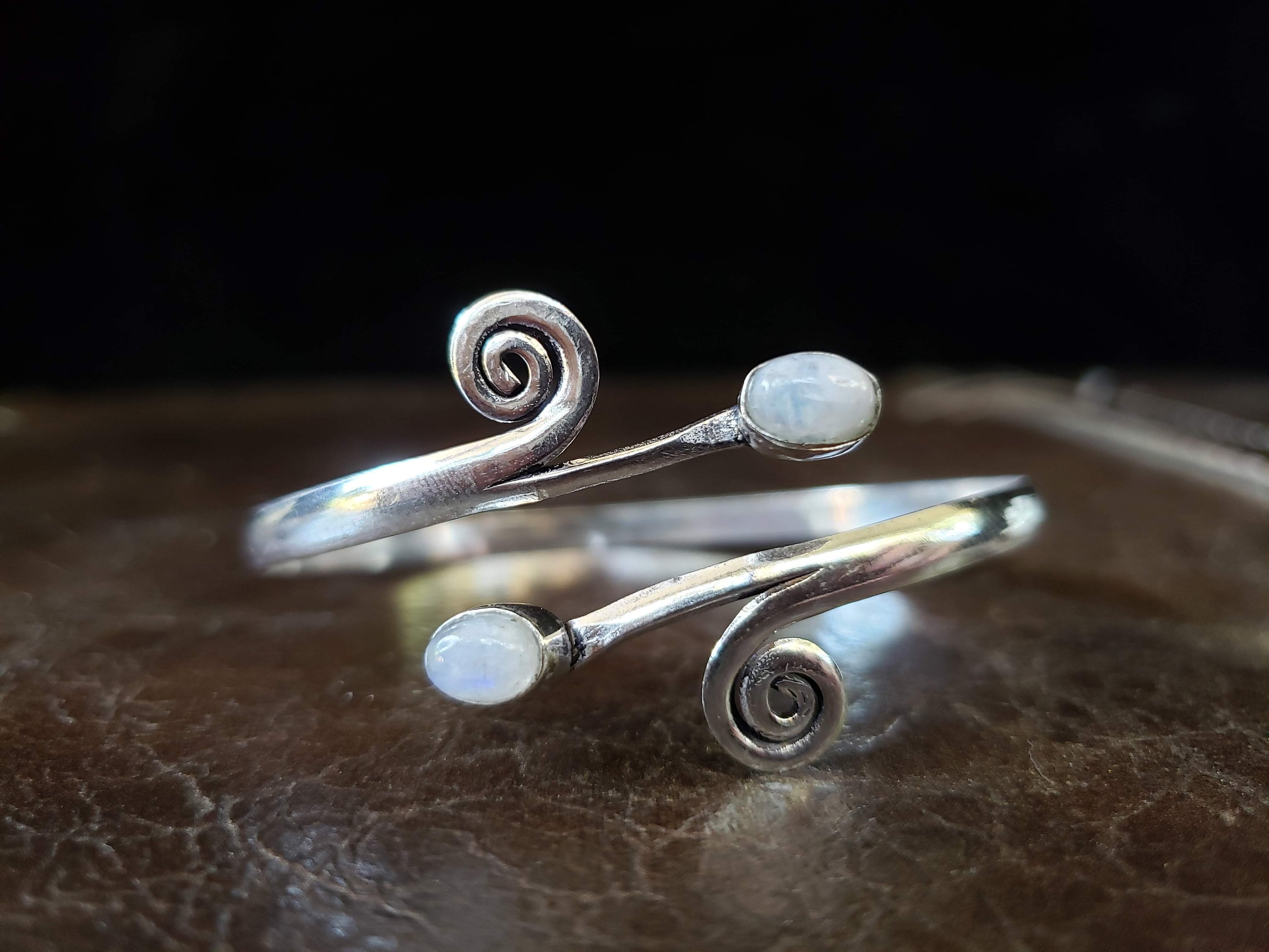 Silver Moonstone Swirl Bangle Bracelet - Tribal Gypsy Festival Boho Jewelry