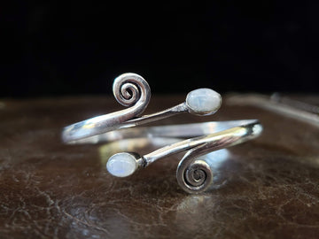 Silver Moonstone Swirl Bangle Bracelet - Tribal Gypsy Festival Boho Jewelry