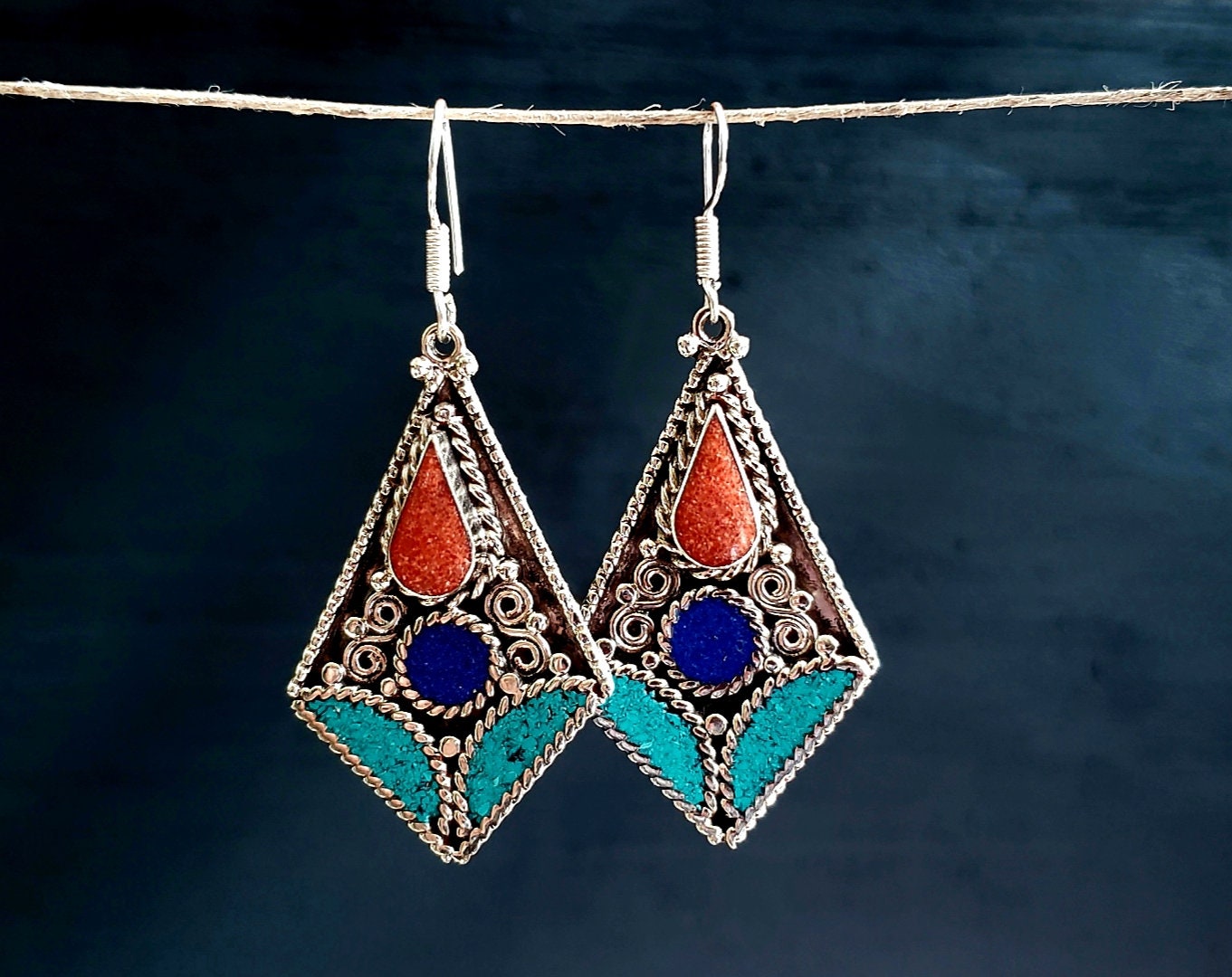 Ethnic Tibetan Turquoise Mosaic Diamond Earrings.