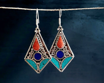 Ethnic Tibetan Turquoise Mosaic Diamond Earrings.