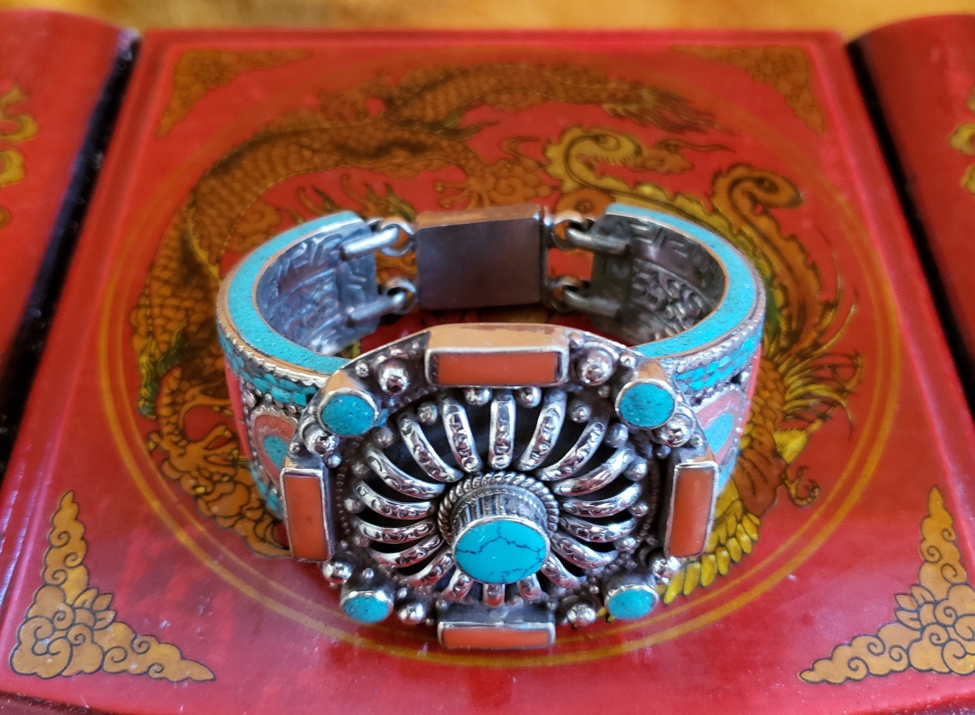 Rustic Tibetan Cuff Large Bracelet Traditional Authentic Buddhist Statement Jewelry