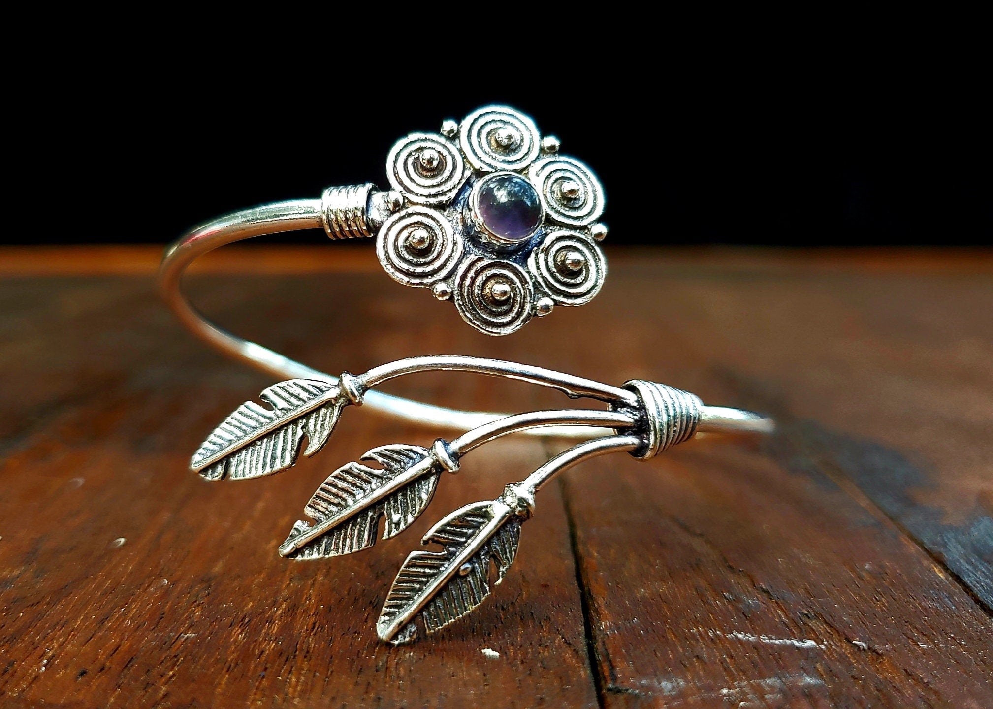 Silver Amethyst Desert Dreams Adjustable Southwestern Feather Bracelet