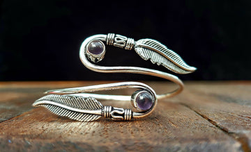 Silver Amethyst Feather Bracelet Adjustable Tribal Gemstone Jewelry