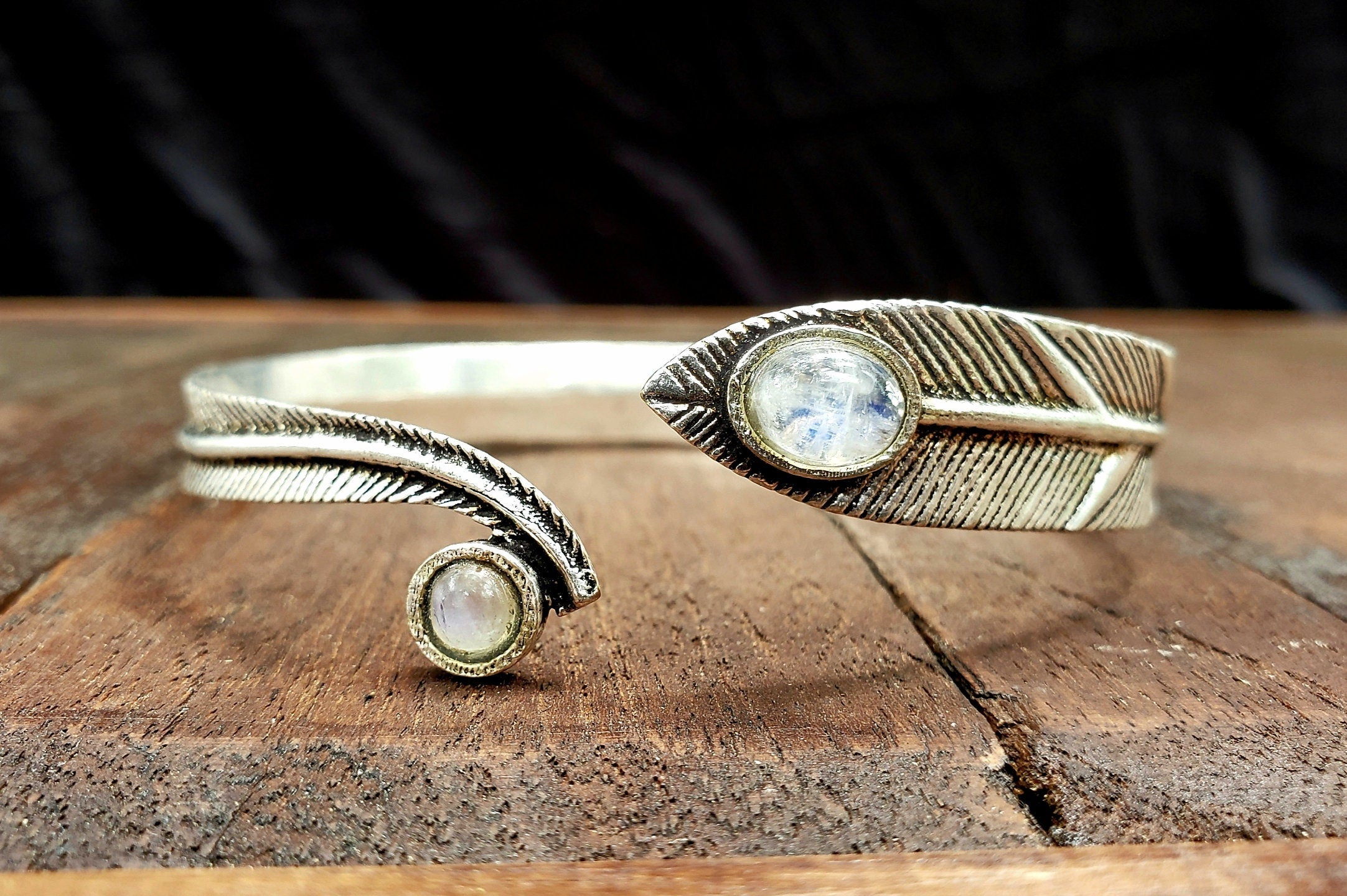 Silver Moonstone Feather Adjustable Arm cuff