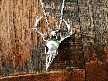 Mythical Silver Bird Skull with Antlers Rustic Southwestern Pendant Necklace