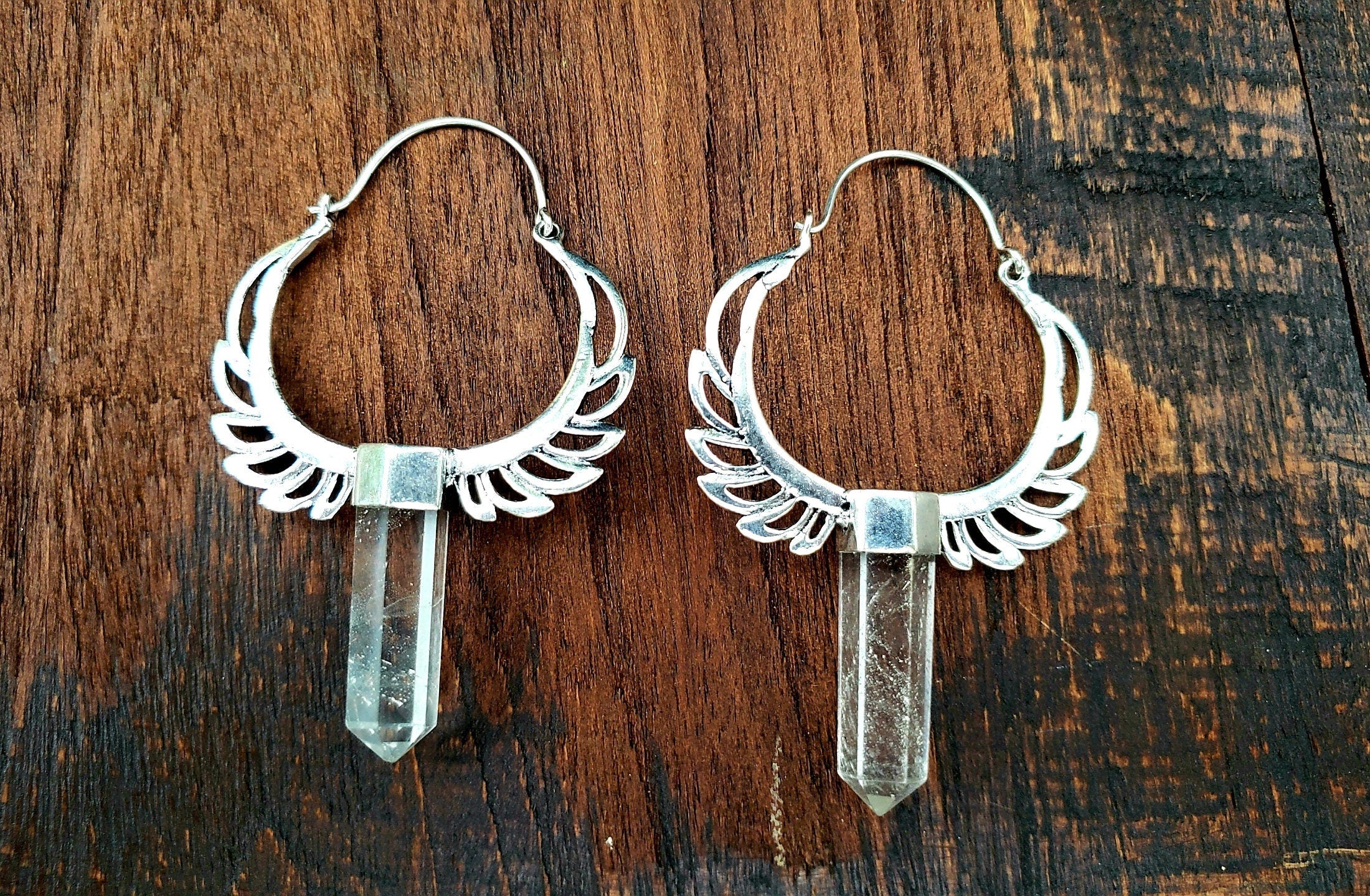 Silver Crystal Wings Hoop Earrings