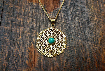Gold Turquoise Flower of Life Sacred Geometry Pendant Necklace