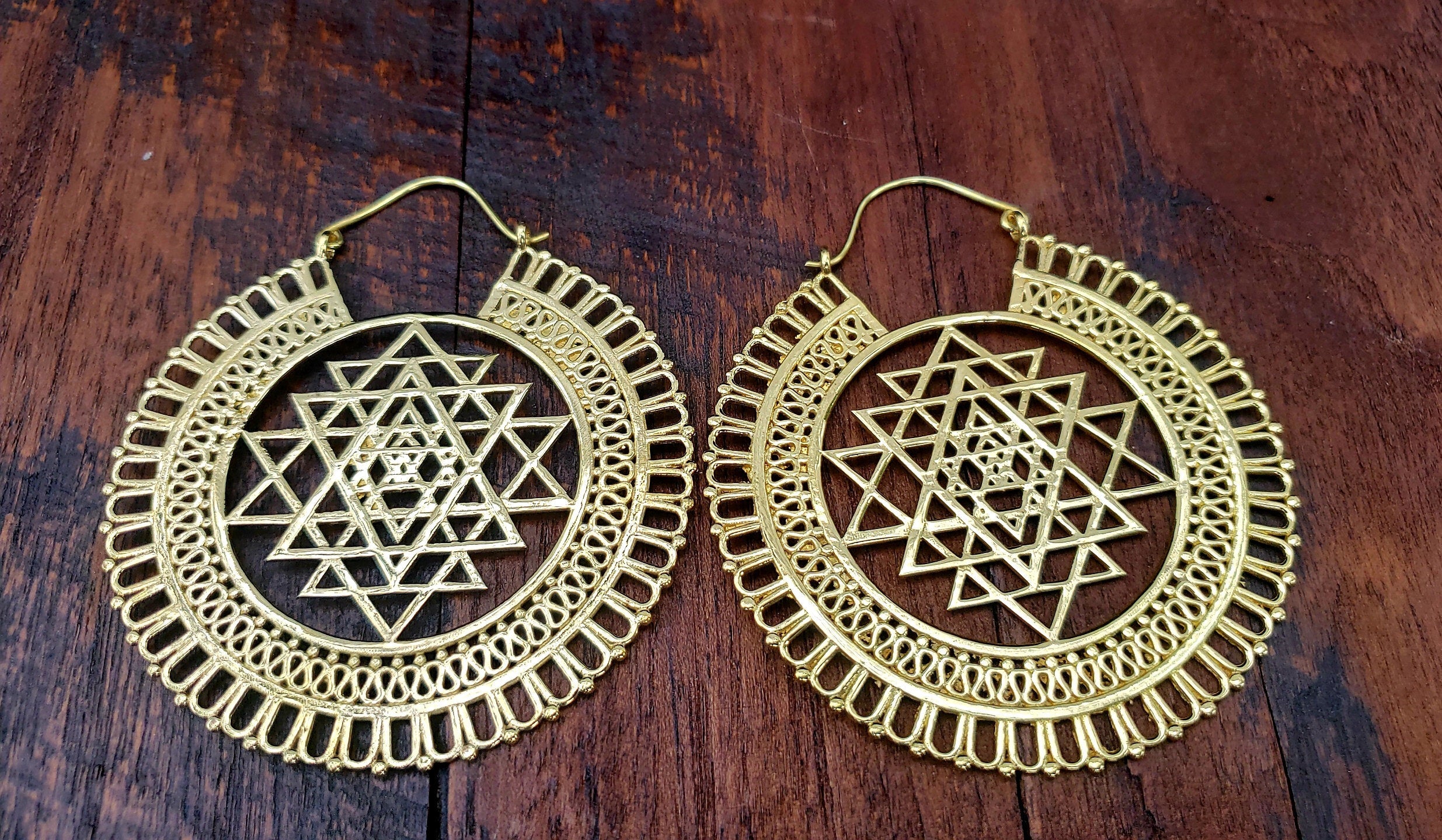 Large Gold Sacred Geometry Shri Yantra Earrings