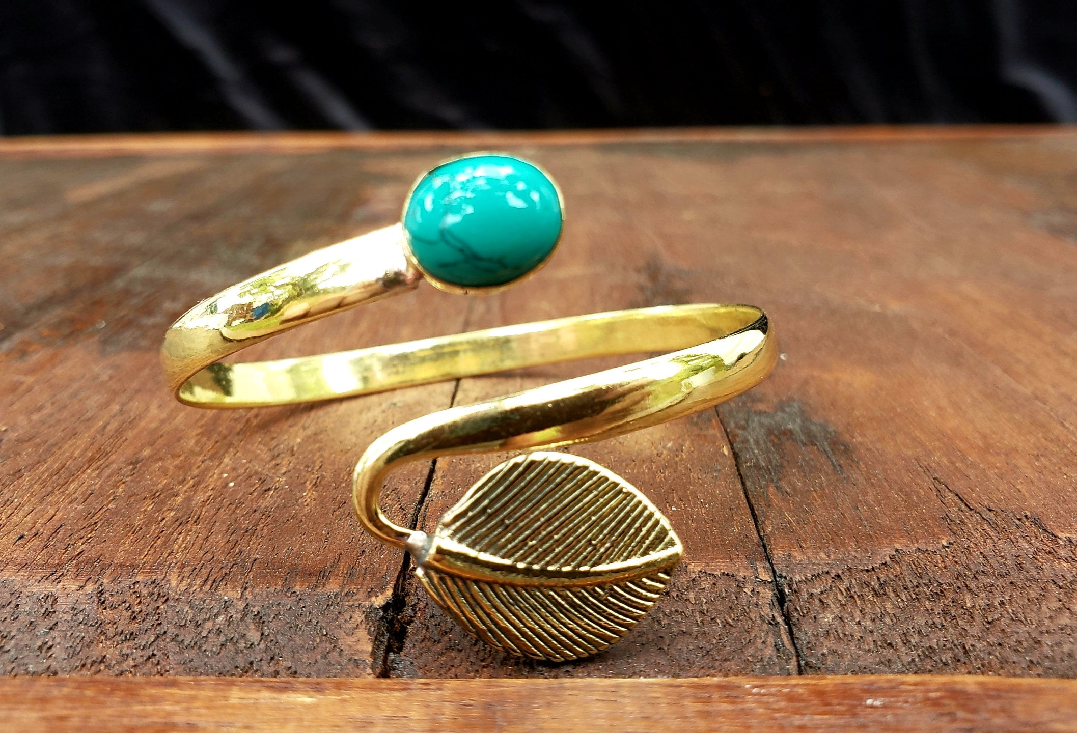 Turquoise Gold Leaf Bangle Bracelet Tribal Gypsy Festival Boho Jewelry Bangle