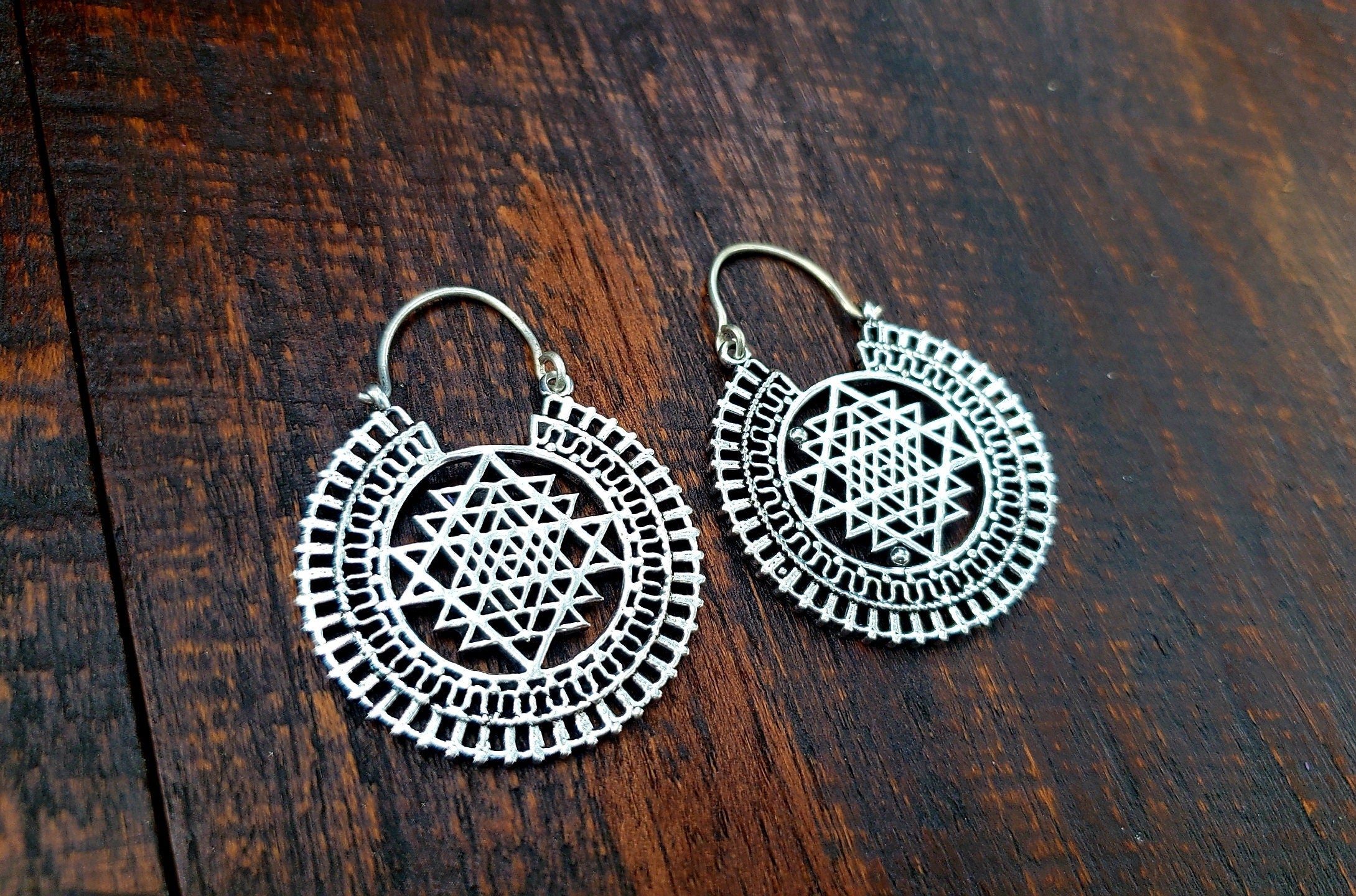 Silver Sacred Geometry Sri Yantra Earrings