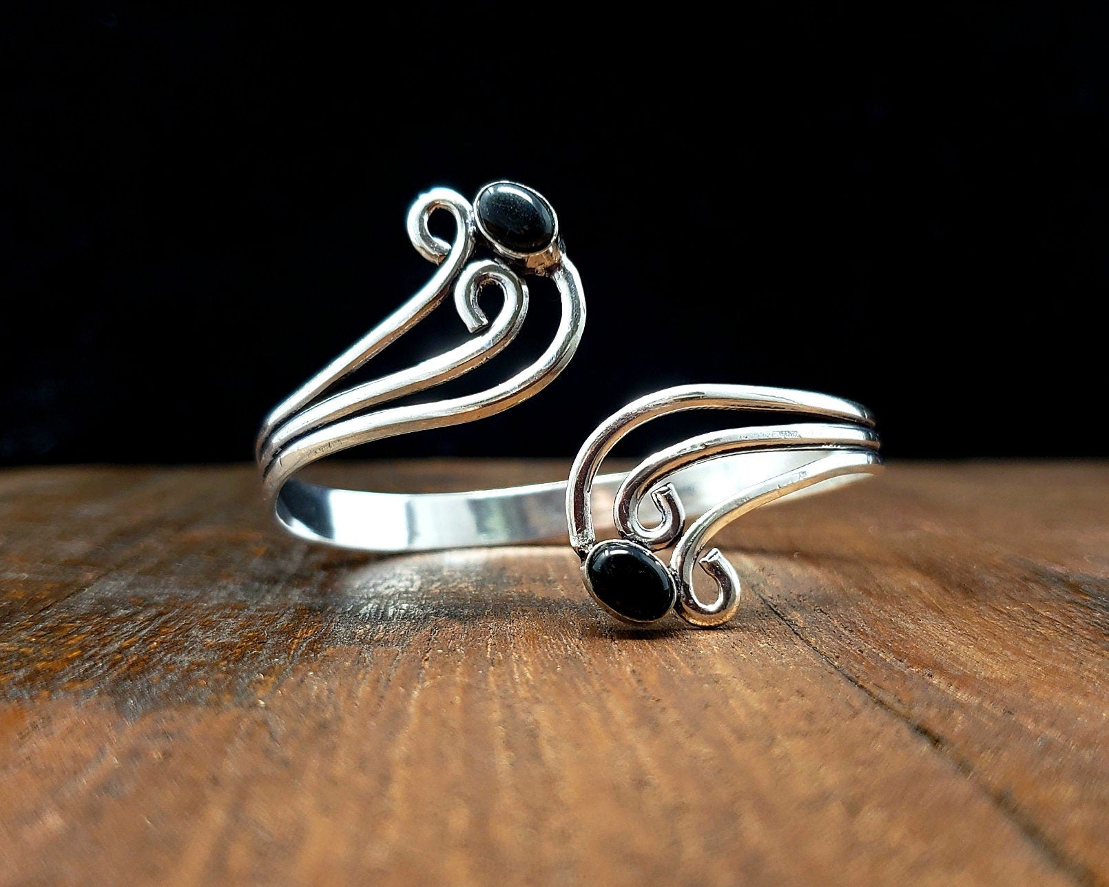 Black Onyx Silver Fairy Bangle Swirl Tribal Gemstone Jewelry