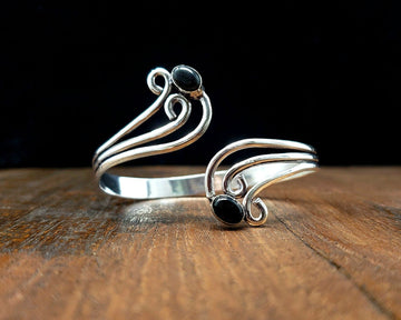 Black Onyx Silver Fairy Bangle Swirl Tribal Gemstone Jewelry