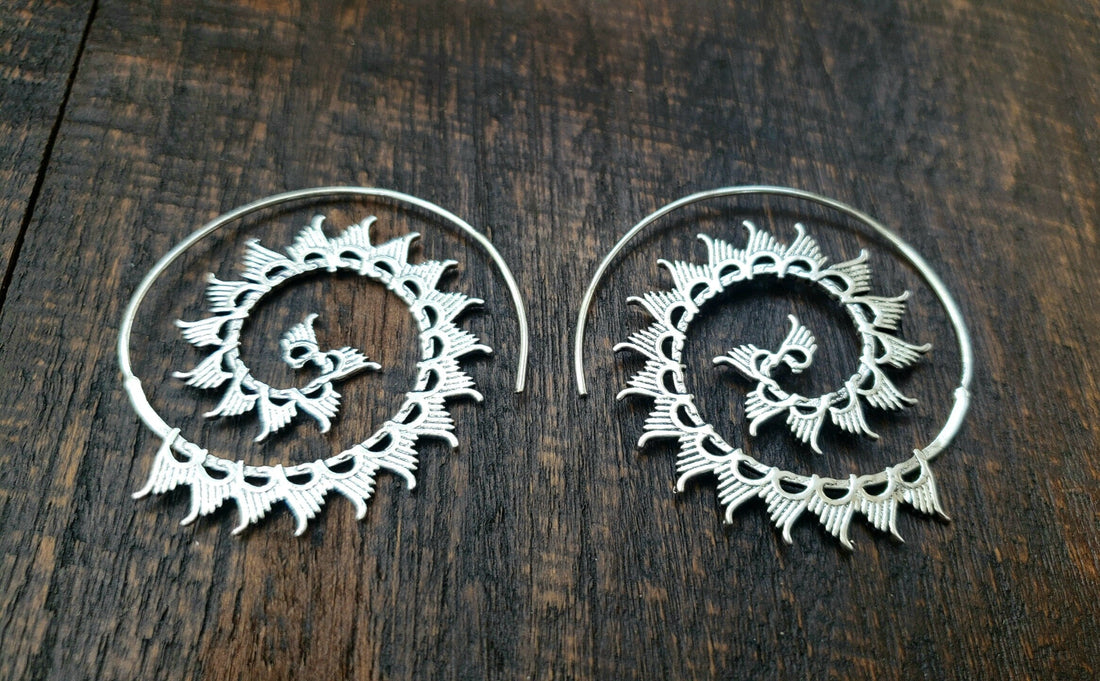 Tribal Spiral Silver Wave Earrings