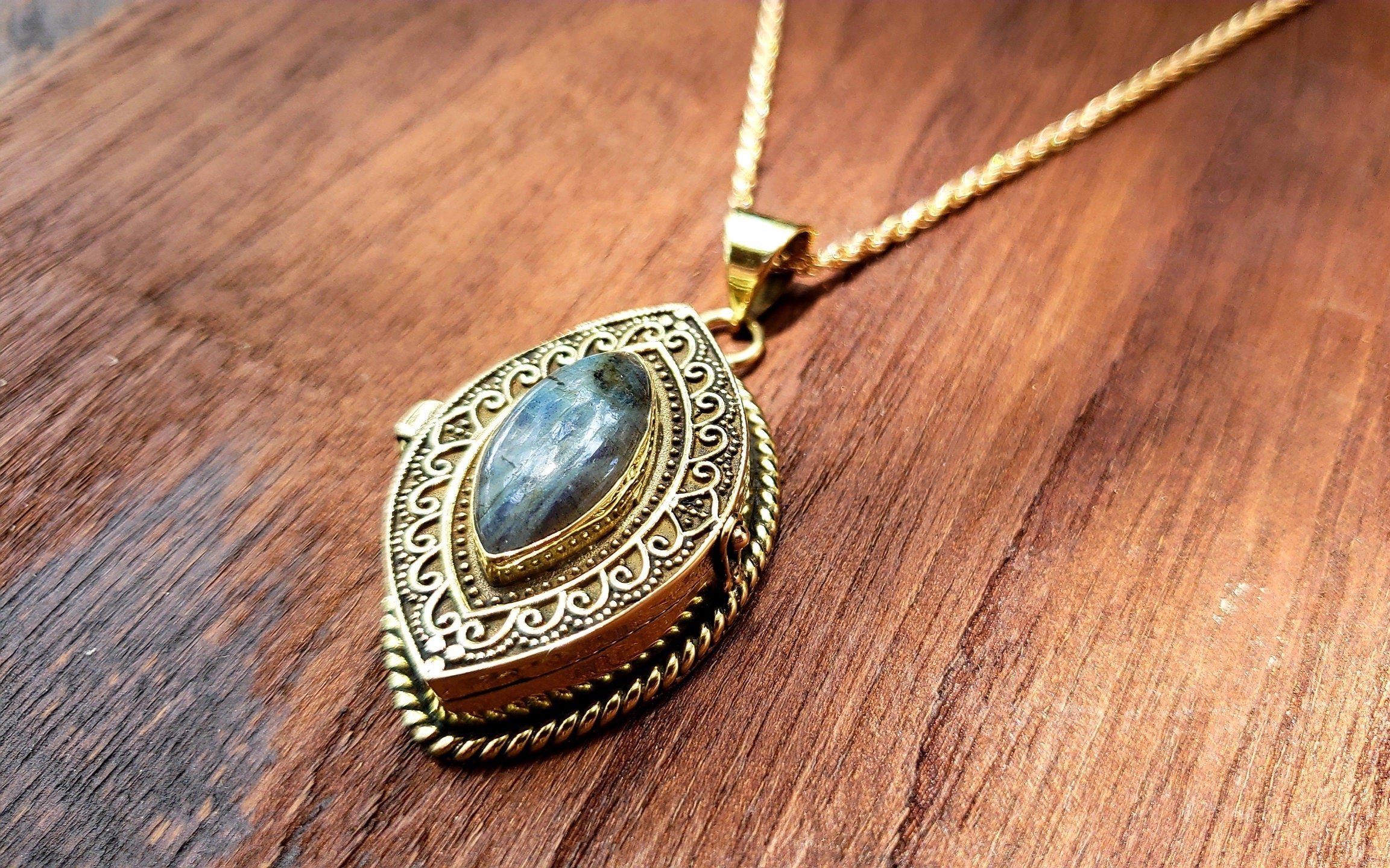 Gold Labradorite Locket Pendant Necklace