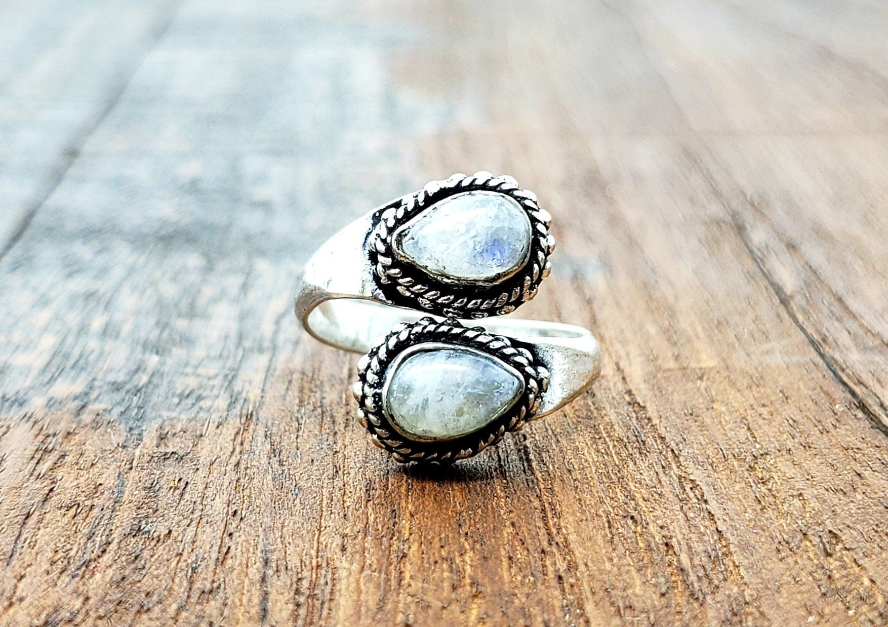 Adjustable Silver Moonstone Teardrop Ring