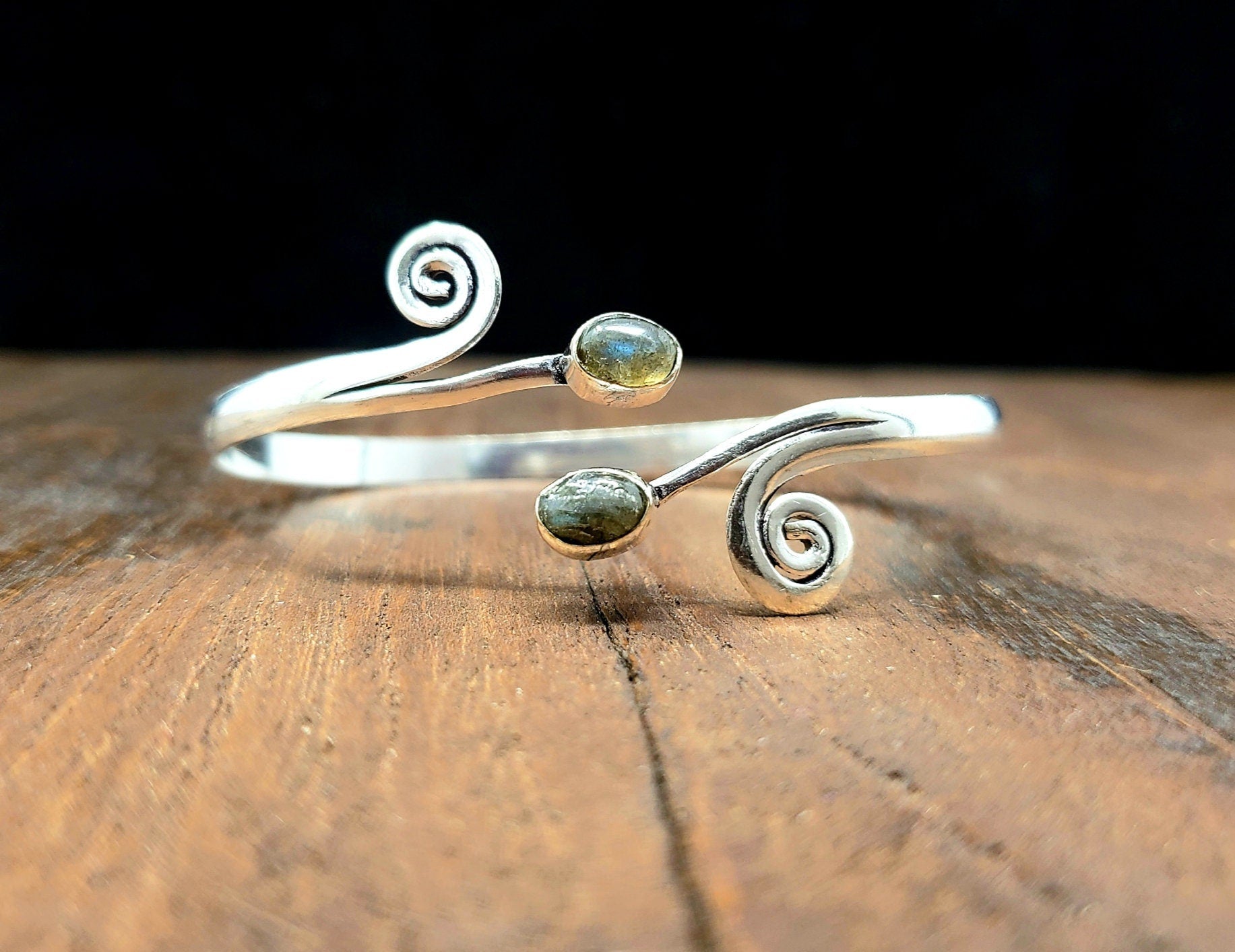 Silver Labradorite Swirl Bangle Bracelet - Tribal Boho Festival Boho Jewelry