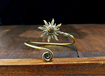 Tiger's eye Sun Adjustable Gold Brass Bangle Bracelet - Tribal Gypsy Festival Boho Jewelry