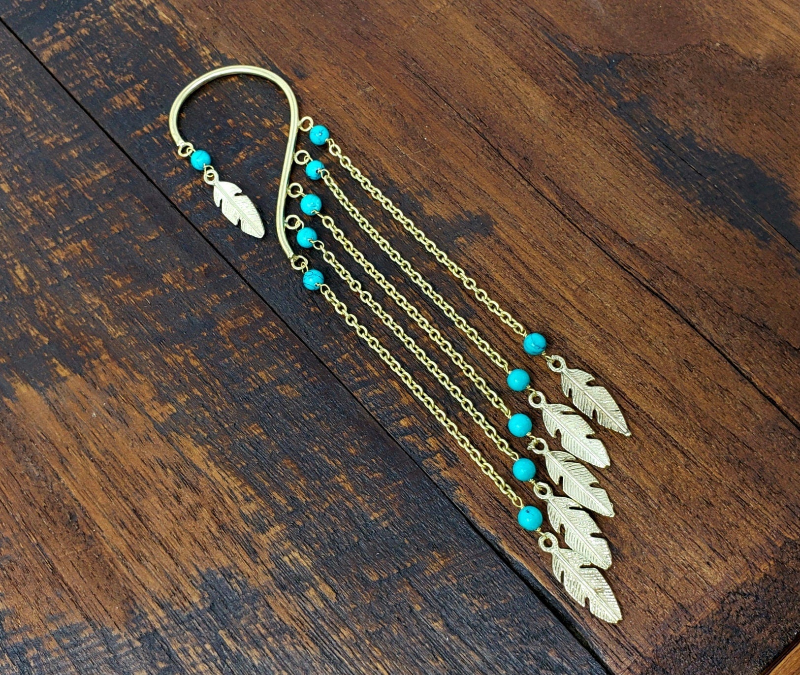 Gold Chain Ear Cuff with Turquoise Beads and Feather Charms