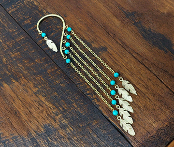 Gold Chain Ear Cuff with Turquoise Beads and Feather Charms