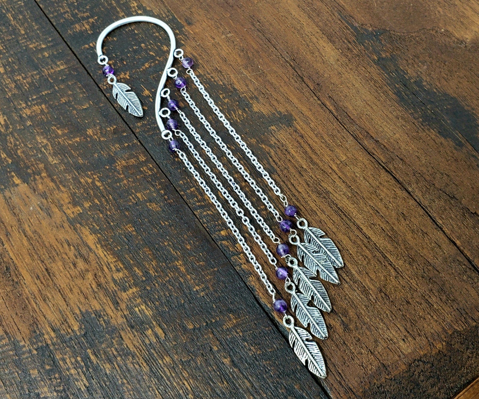 Silver Chain Ear Cuff with Amethyst and Feather Charms