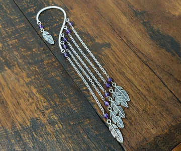 Silver Chain Ear Cuff with Amethyst and Feather Charms