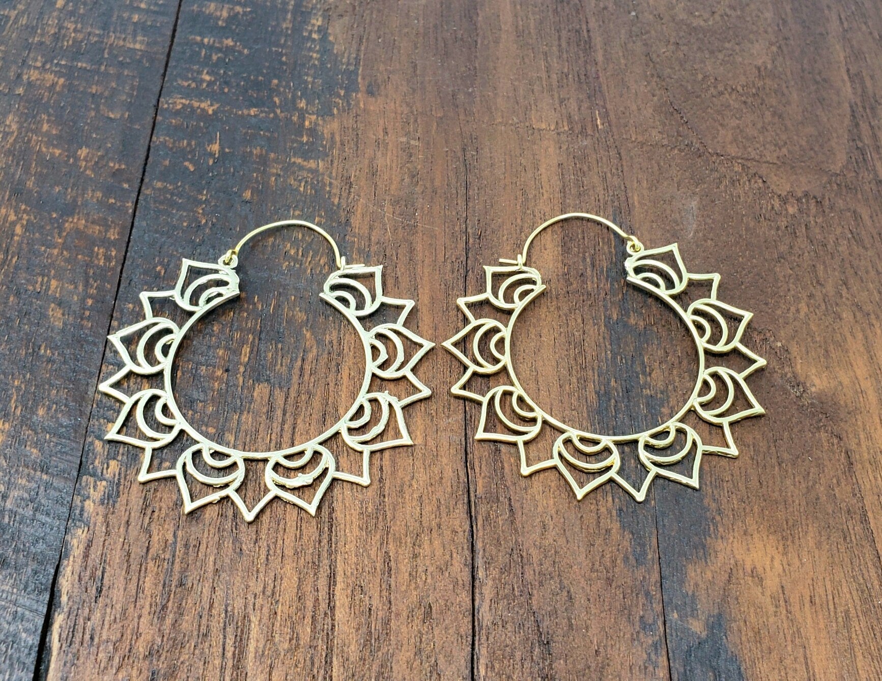 Large Gold Lotus Hoop Threader Earrings - Gypsy Indian Tribal Jewelry