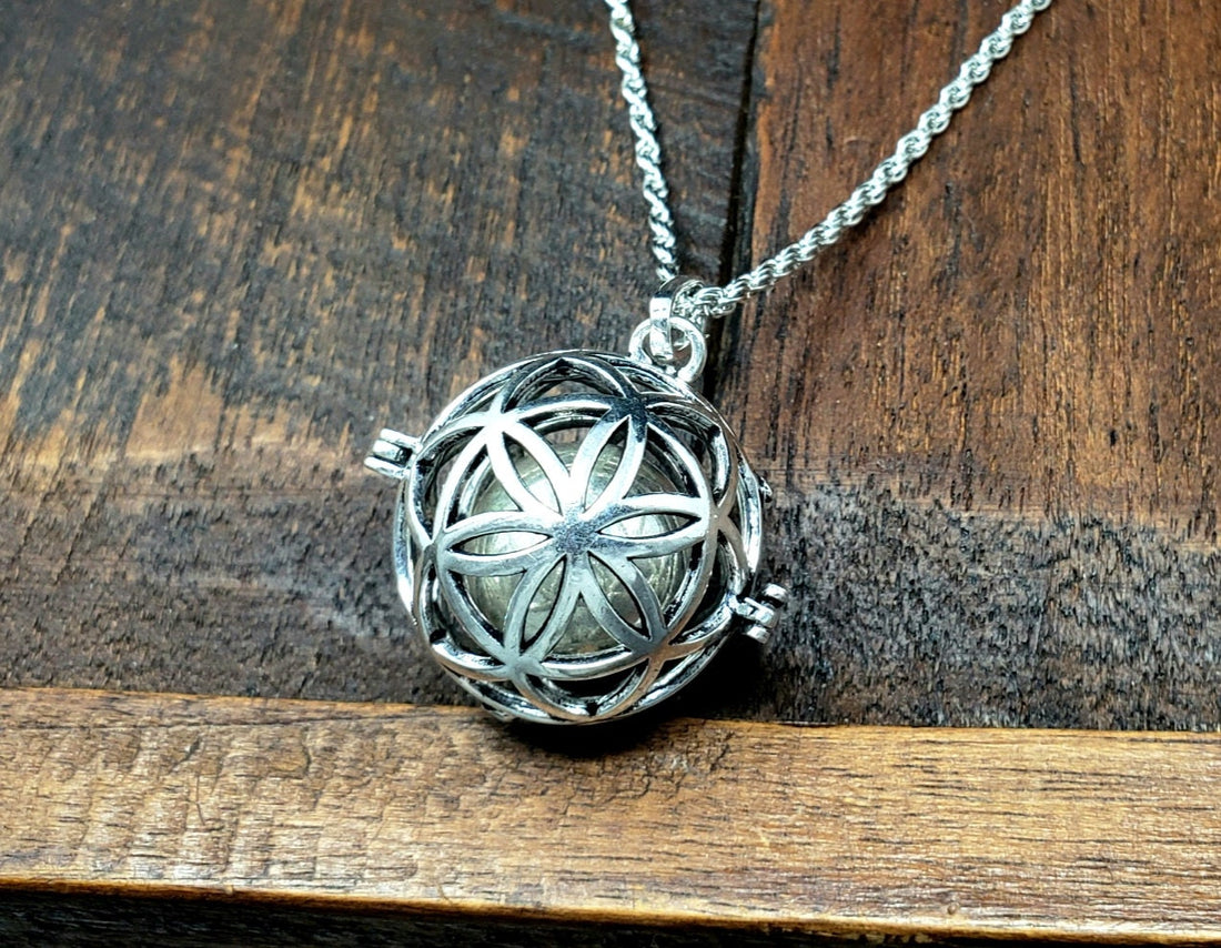 Large Silver Flower of Life Seed of Life Harmony Bell Cage Pendant