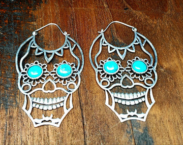 Silver Turquoise Sugar Skull Statement Earrings