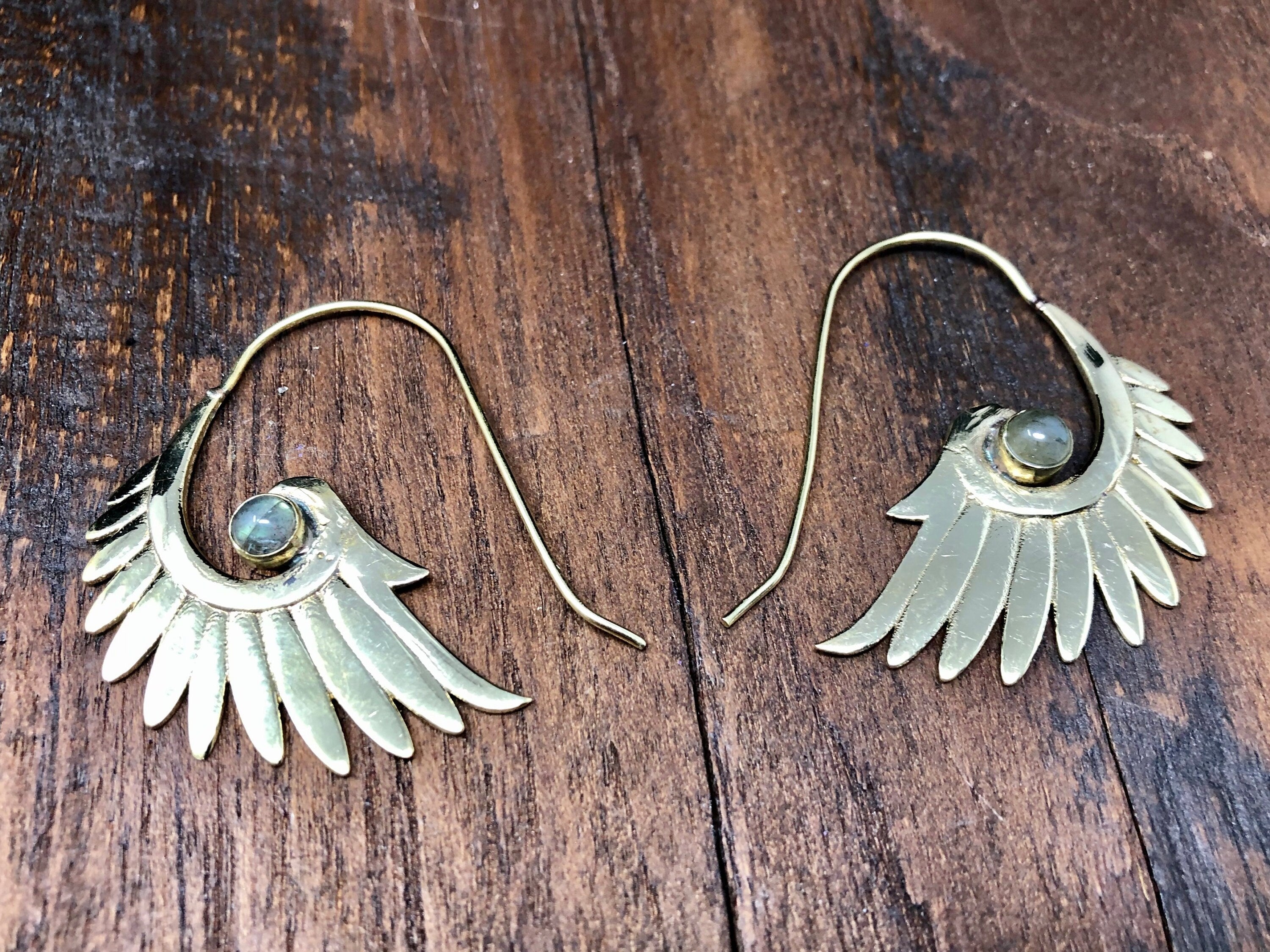 Labradorite Gold Wing Feather Earrings - Bohemian Brass Jewelry