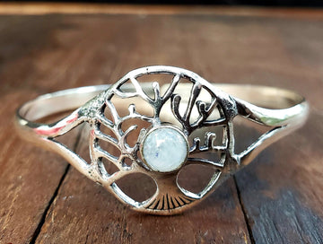 Silver Rainbow Moonstone Tree of Life Adjustable Bangle Bracelet