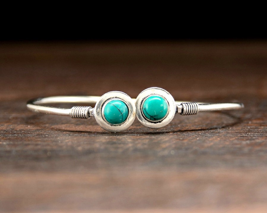 Simple Silver Turquoise Bangle - Boho Jewelry