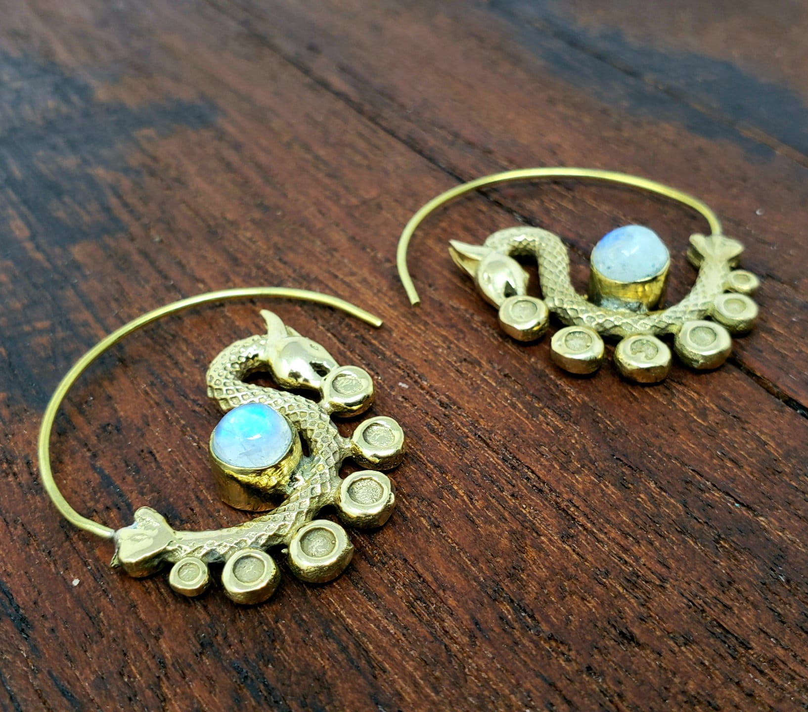 Gold Moonstone Dancing Dragon Threader Earrings