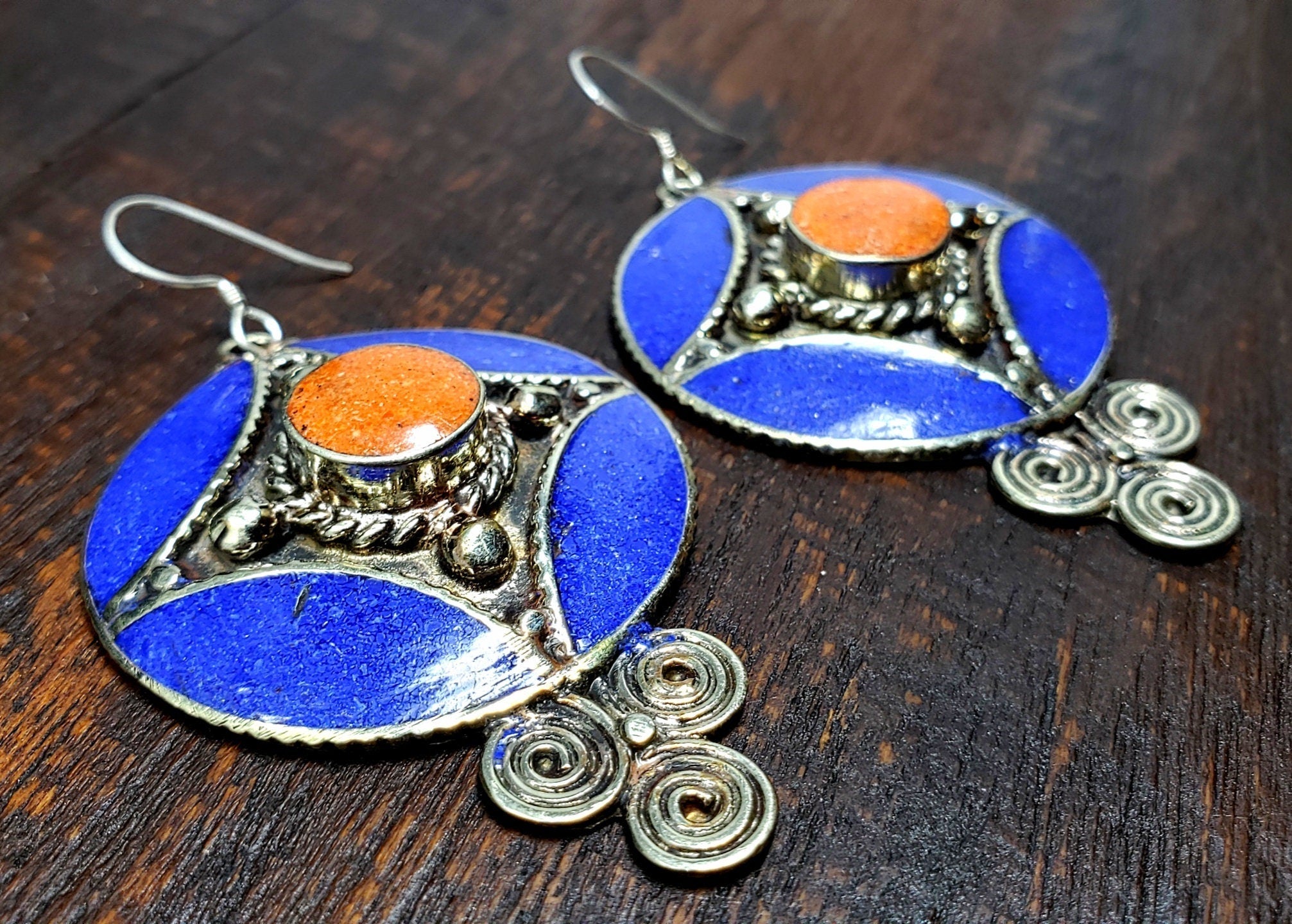 Tibetan Lapis Coral Statement Earrings