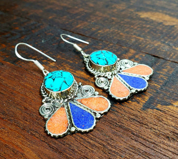 Tibetan Fan Earrings with Turquoise Coral and Lapis