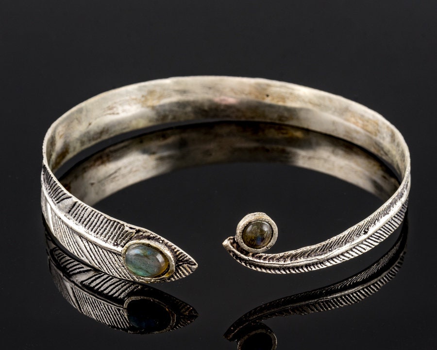 Silver Labradorite Feather Adjustable Arm cuff