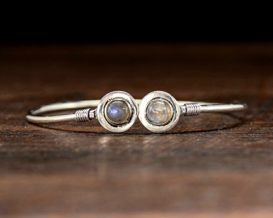 Simple Silver Labradorite Bangle Bracelet - Unique Affordable Boho Jewelry