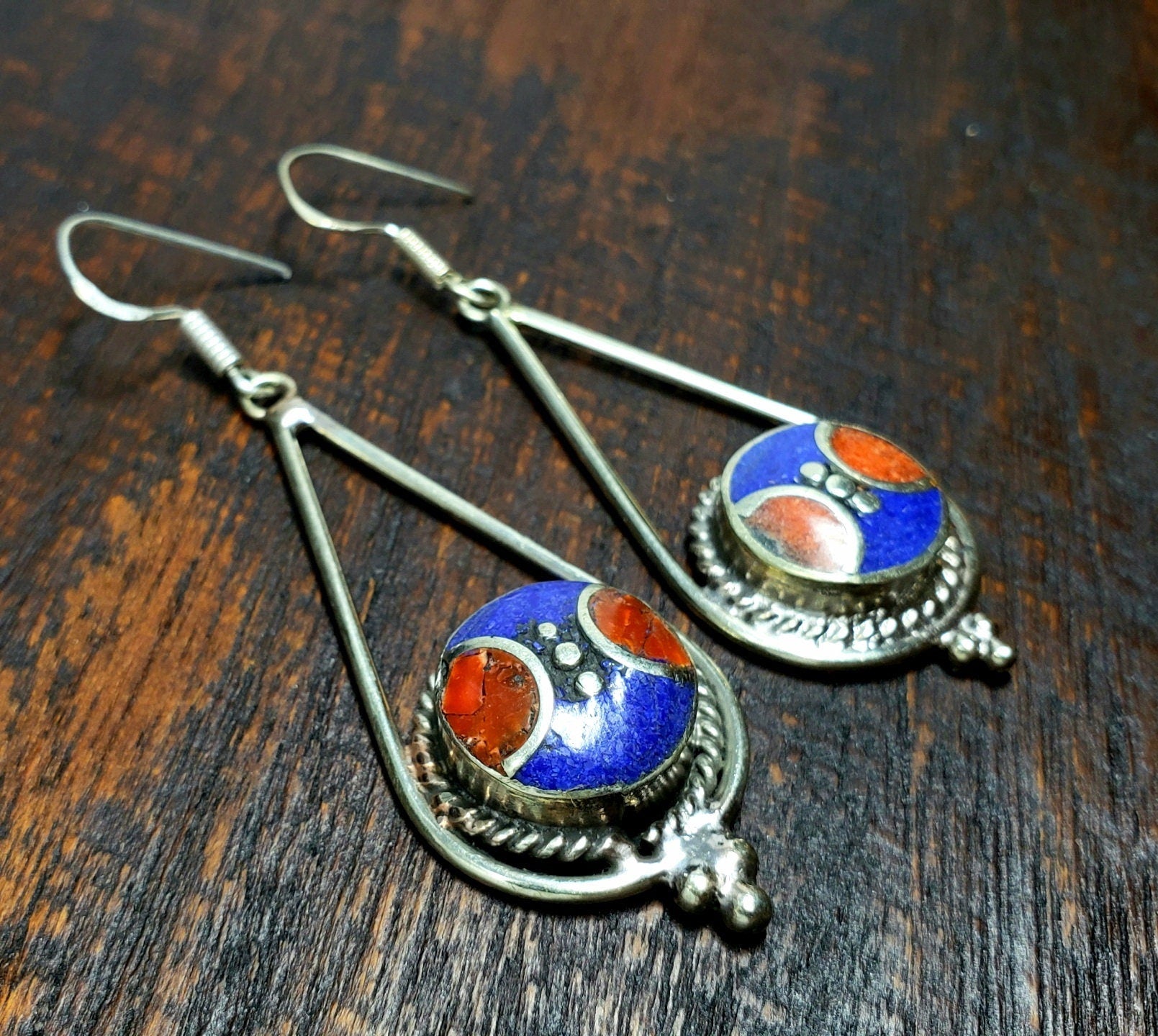 Tibetan Lapis Coral Teardrop Statement Earrings