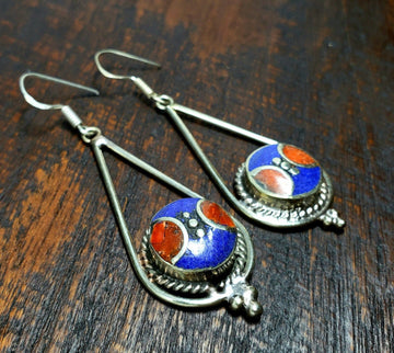 Tibetan Lapis Coral Teardrop Statement Earrings