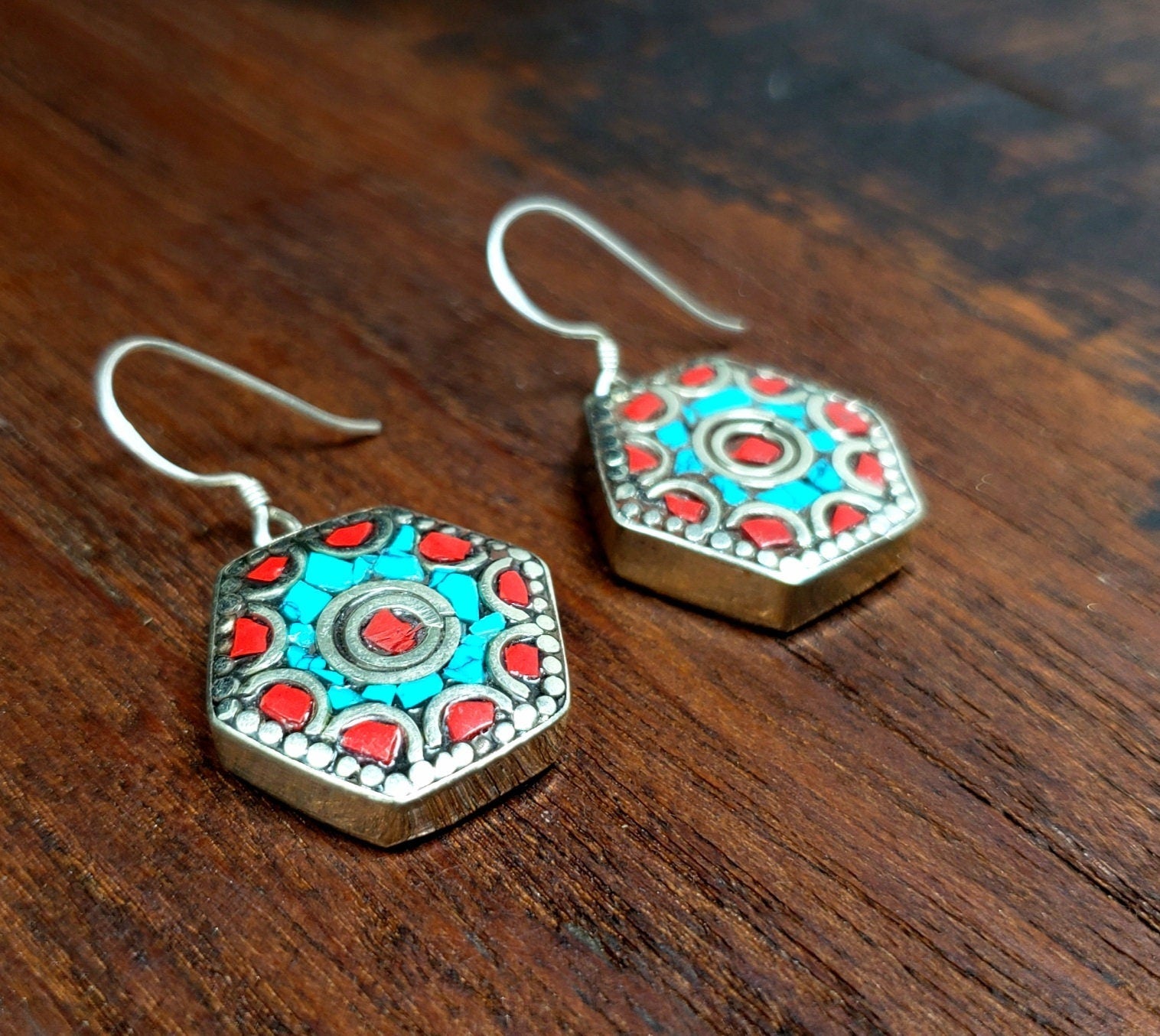 Simple Tibetan Tile Earrings with turquoise and coral