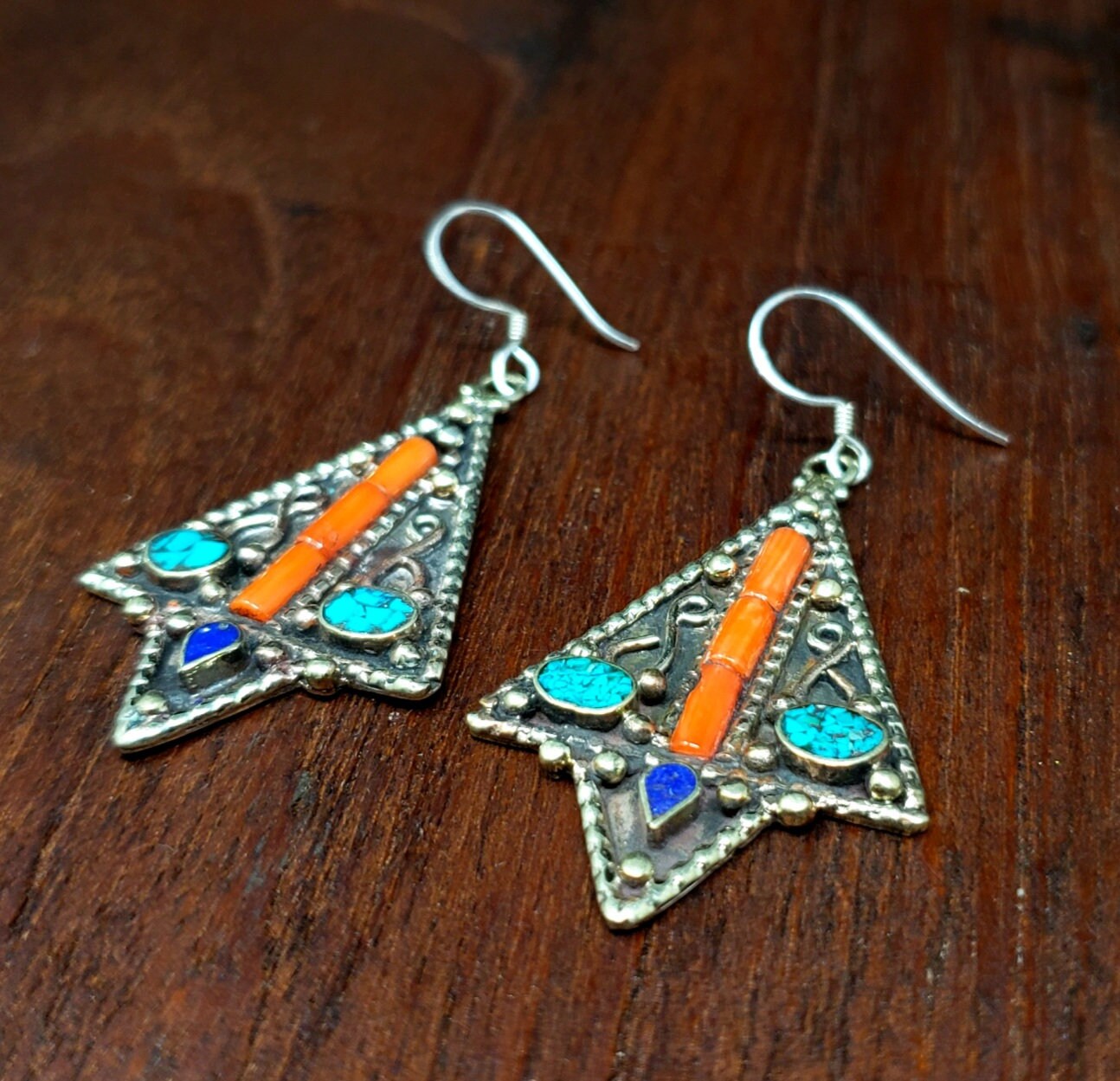 Traditional Tibetan Dagger Earrings with Turquoise, Coral and Lapis