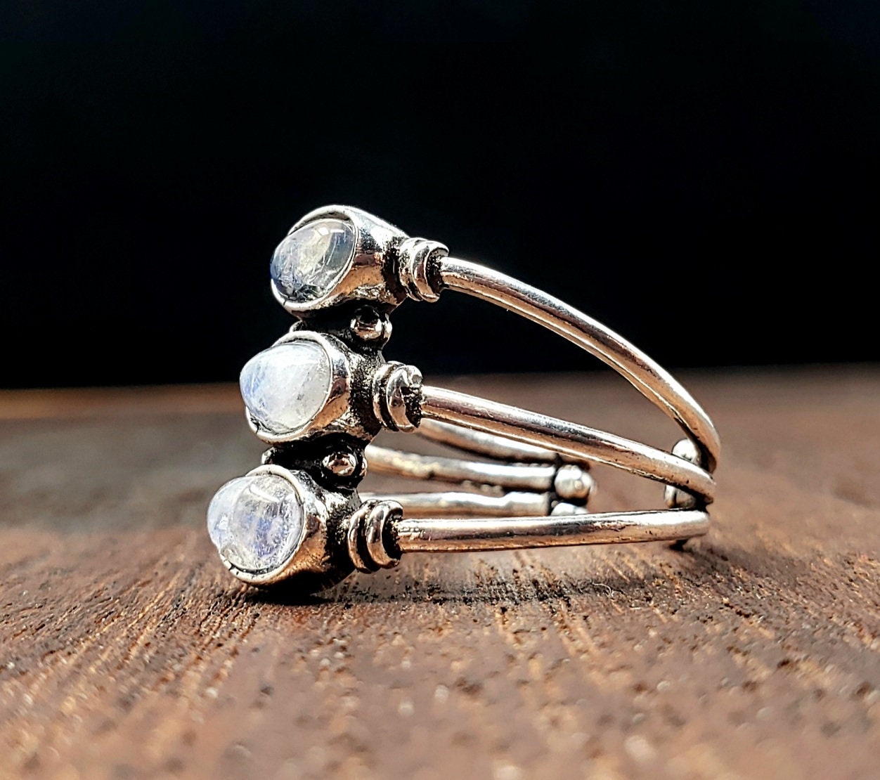 Silver Moonstone Trinity Ring  Bohemian Gypsy Jewelry